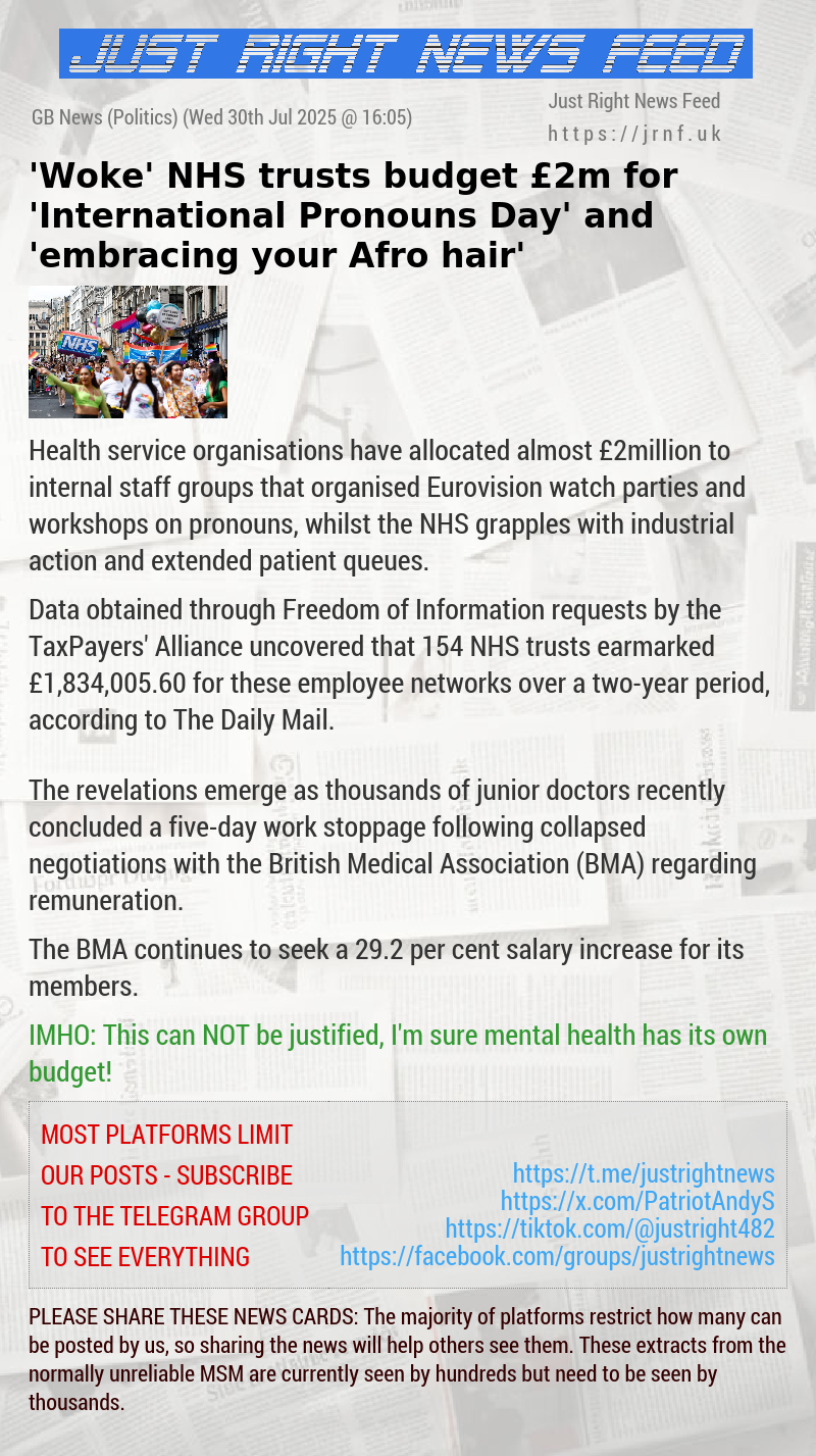’Woke’ NHS trusts budget &pound;2m for ’International Pronouns Day’ and ’embracing your Afro hair’