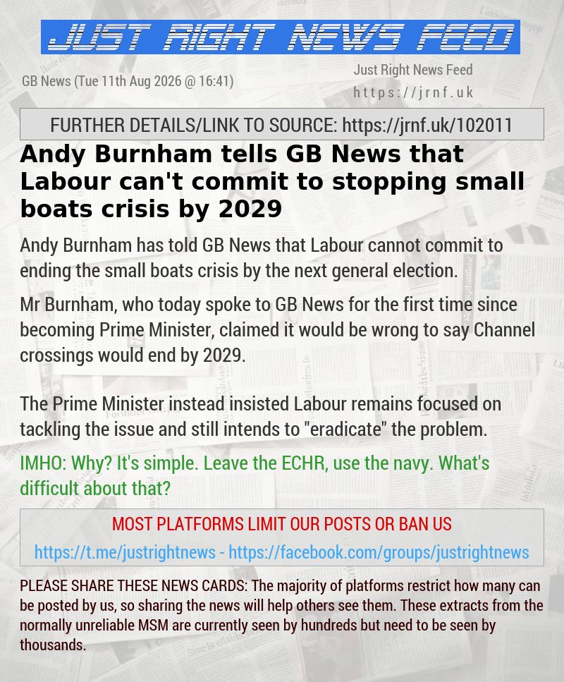 Andy Burnham tells GB News that Labour can’t commit to stopping small boats crisis by 2029
