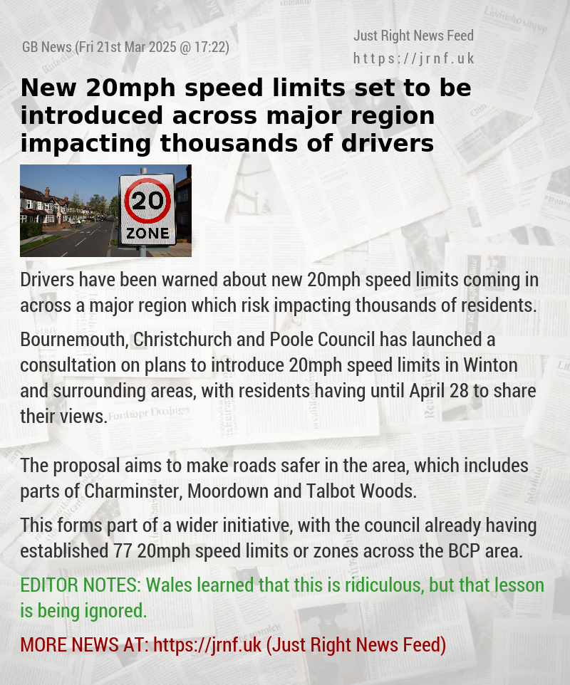 New 20mph speed limits set to be introduced across major region impacting thousands of drivers