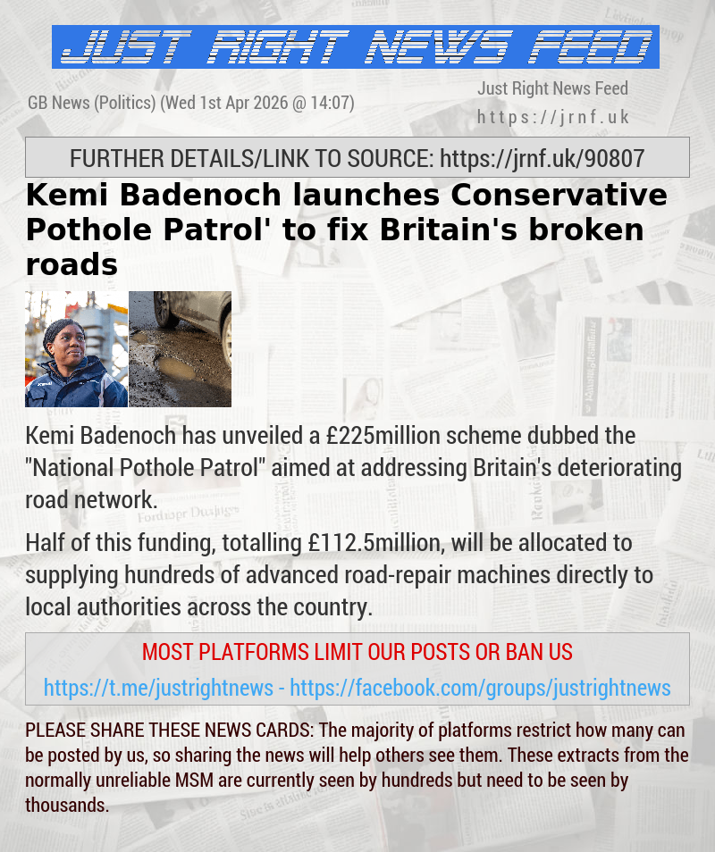 Kemi Badenoch launches Conservative ‘Pothole Patrol’ to fix Britain’s broken roads
