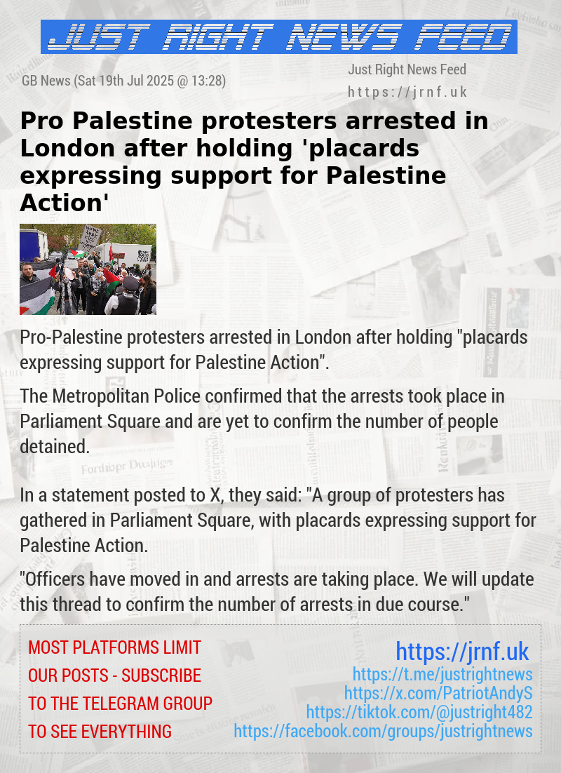 Pro—Palestine protesters arrested in London after holding ’placards expressing support for Palestine Action’