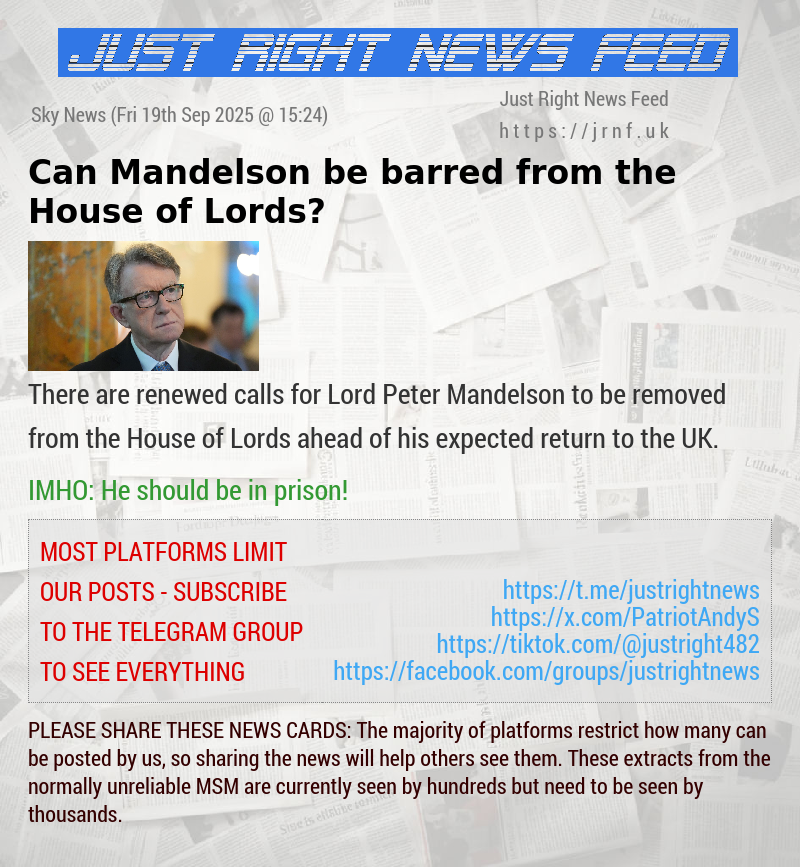 Can Mandelson be barred from the House of Lords?