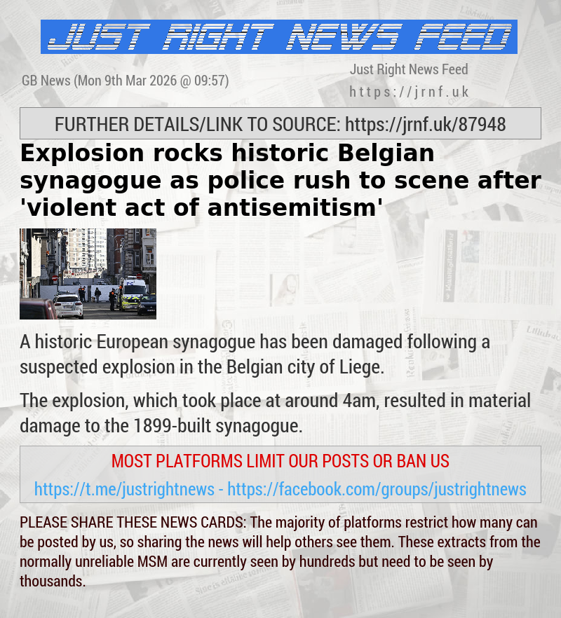 Explosion rocks historic Belgian synagogue as police rush to scene after ’violent act of antisemitism’