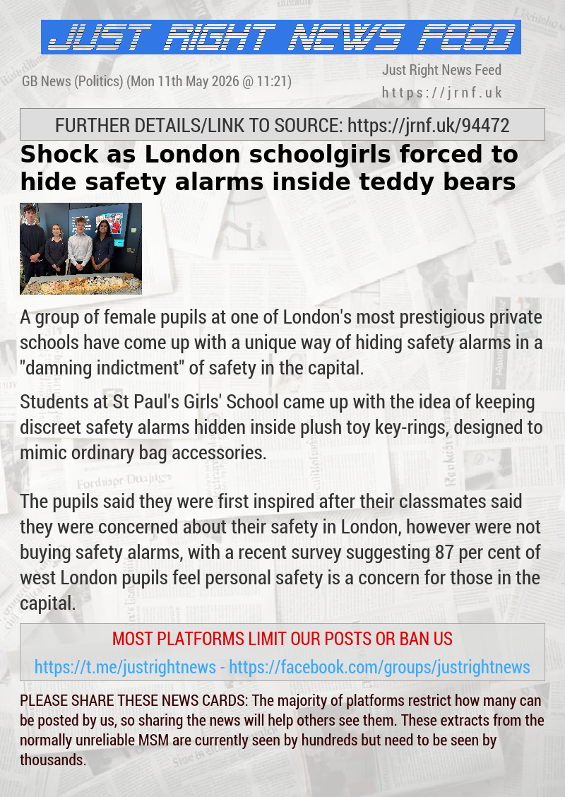 Shock as London schoolgirls forced to hide safety alarms inside teddy bears