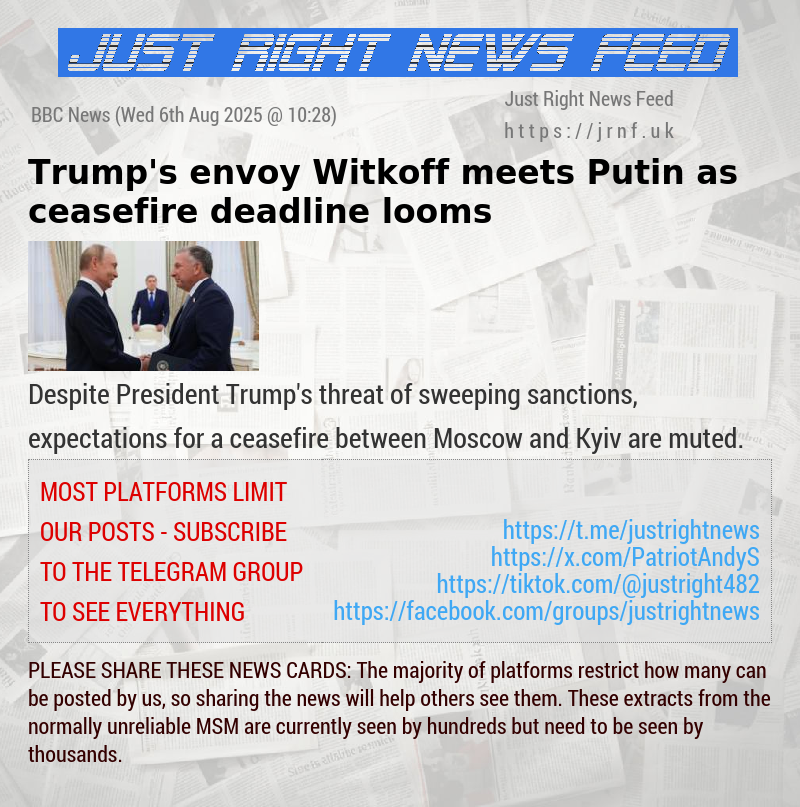 Trump’s envoy Witkoff meets Putin as ceasefire deadline looms