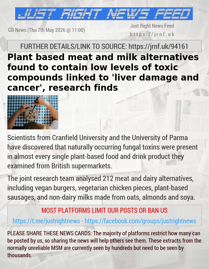 Plant—based meat and milk alternatives found to contain low levels of toxic compounds linked to ’liver damage and cancer’, research finds