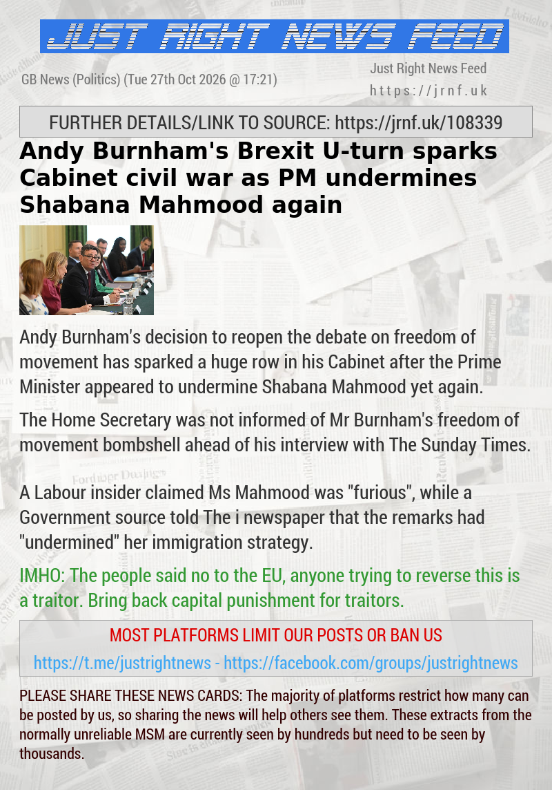Andy Burnham’s Brexit U—turn sparks Cabinet civil war as PM undermines Shabana Mahmood again