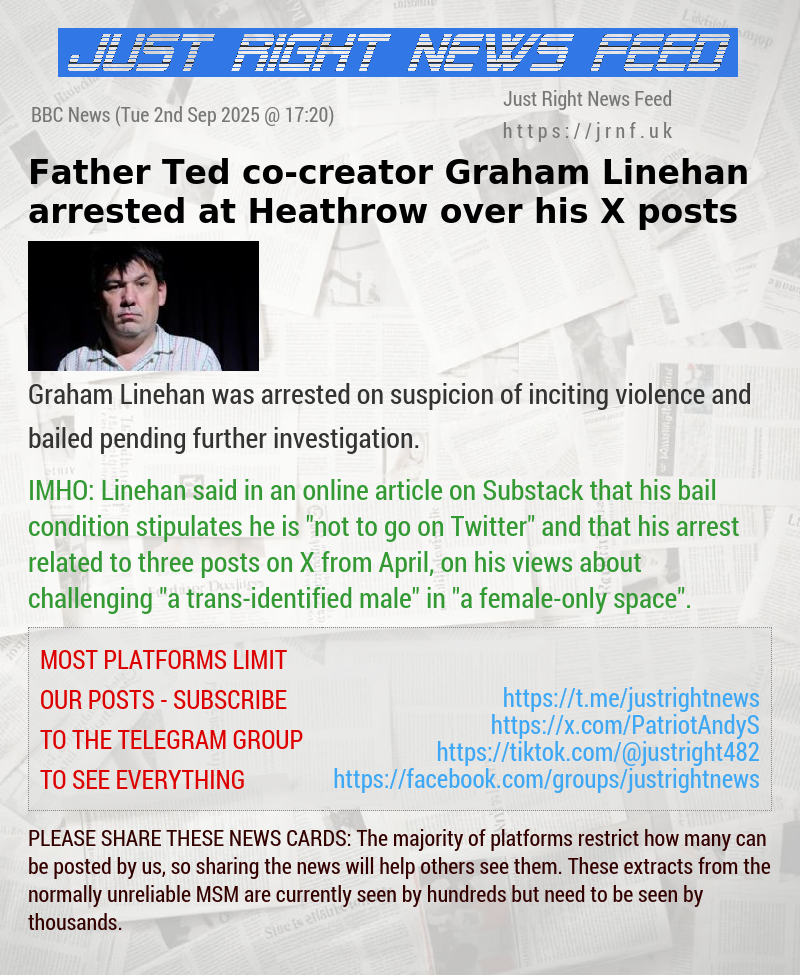 Father Ted co—creator Graham Linehan arrested at Heathrow over his X posts