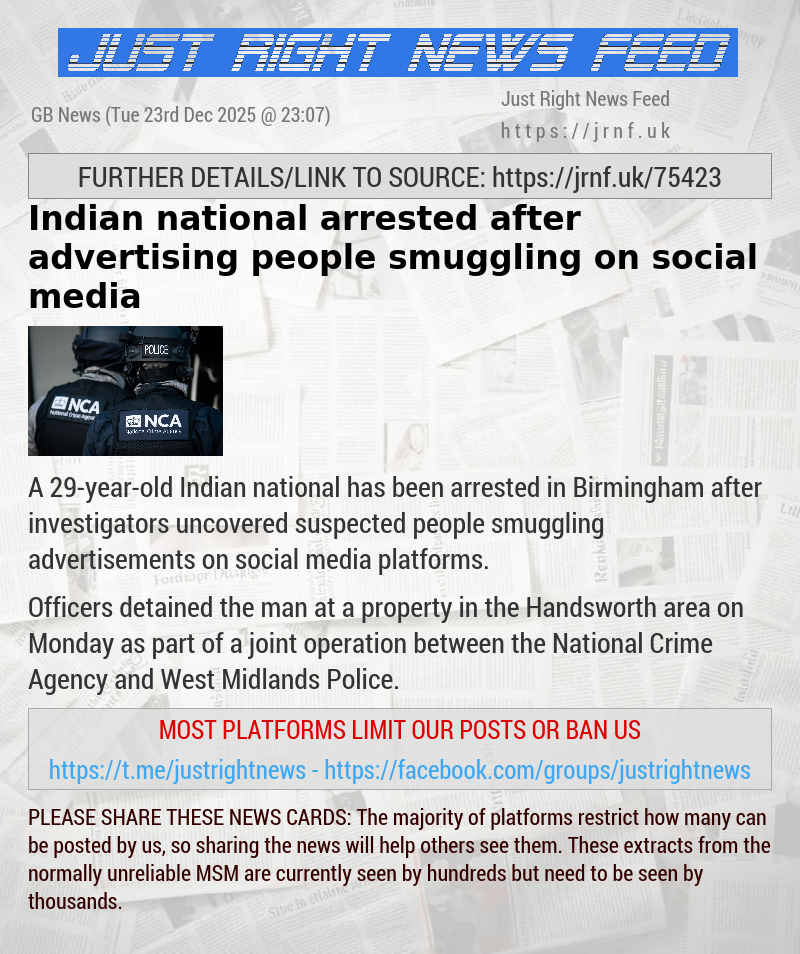 Indian national arrested after advertising people smuggling on social media