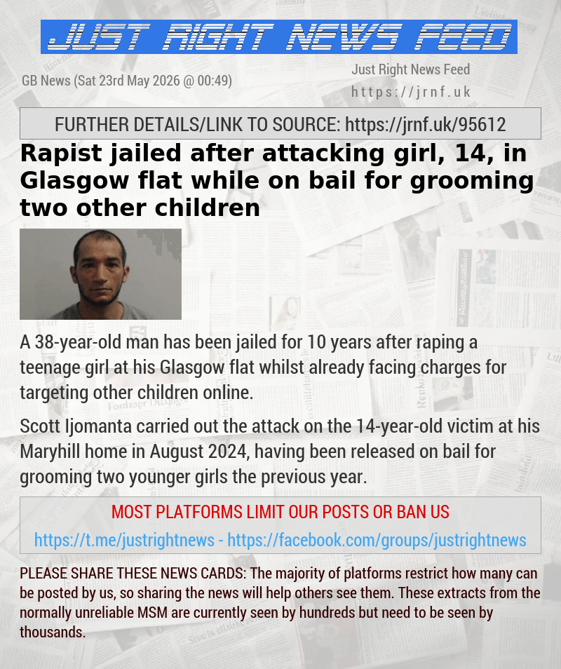 Rapist jailed after attacking girl, 14, in Glasgow flat while on bail for grooming two other children