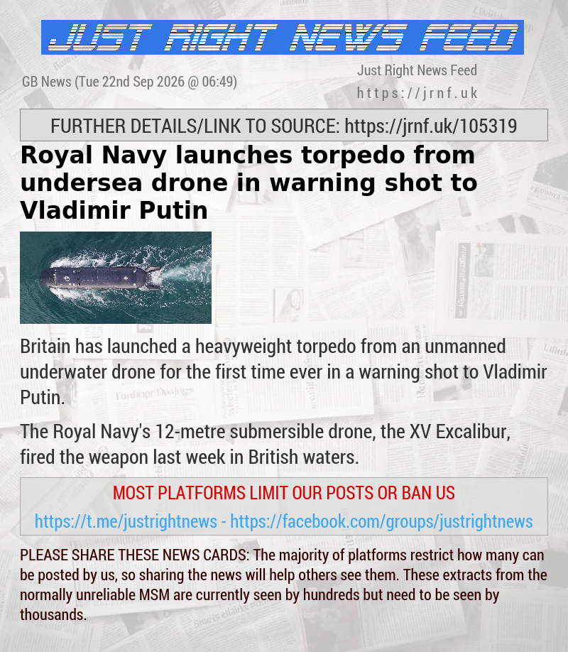Royal Navy launches torpedo from undersea drone in warning shot to Vladimir Putin