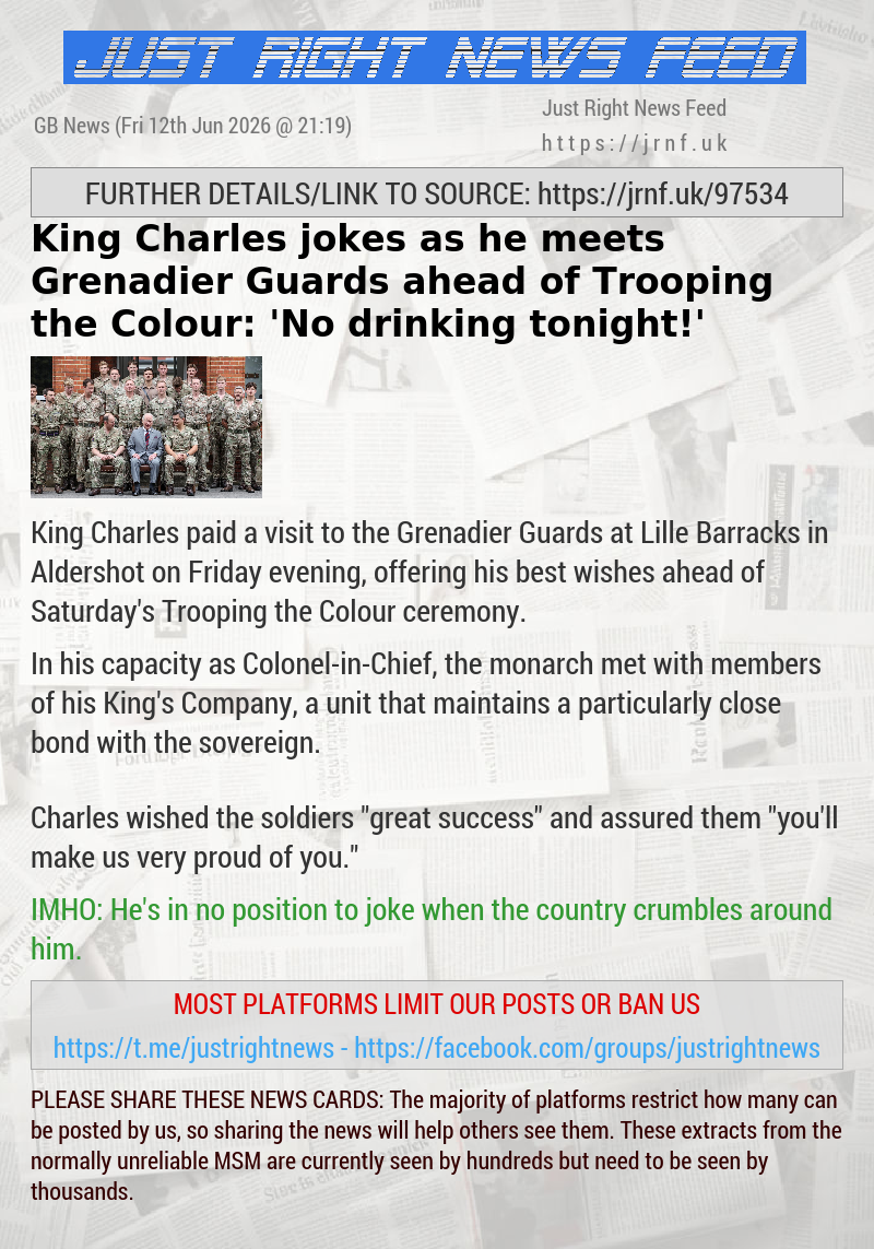 King Charles jokes as he meets Grenadier Guards ahead of Trooping the Colour: ’No drinking tonight!’