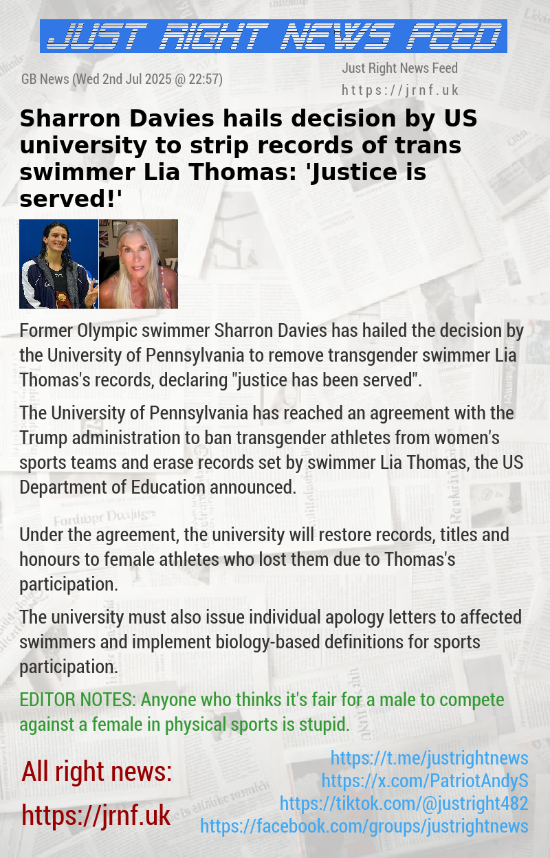 Sharron Davies hails decision by US university to strip records of trans swimmer Lia Thomas: ’Justice is served!’