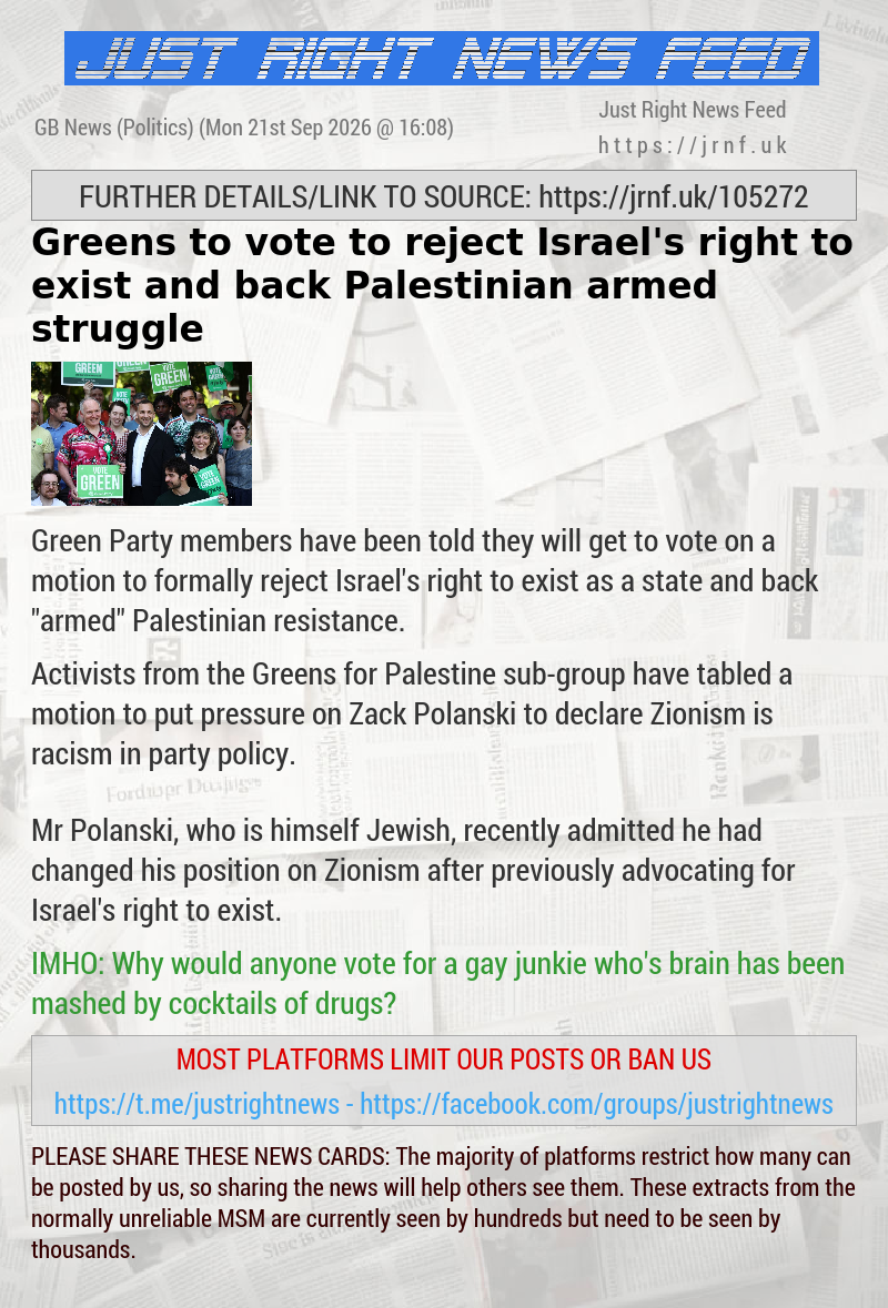 Greens to vote to reject Israel’s right to exist and back Palestinian armed struggle