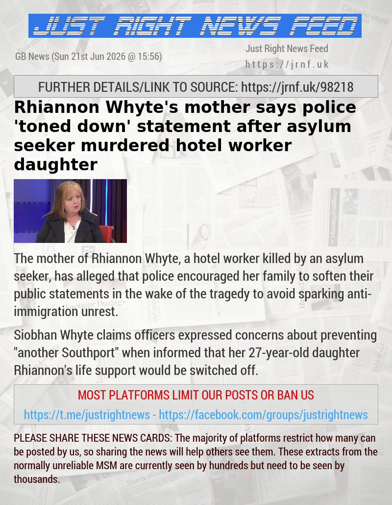 Rhiannon Whyte’s mother says police ’toned down’ statement after asylum seeker murdered hotel worker daughter