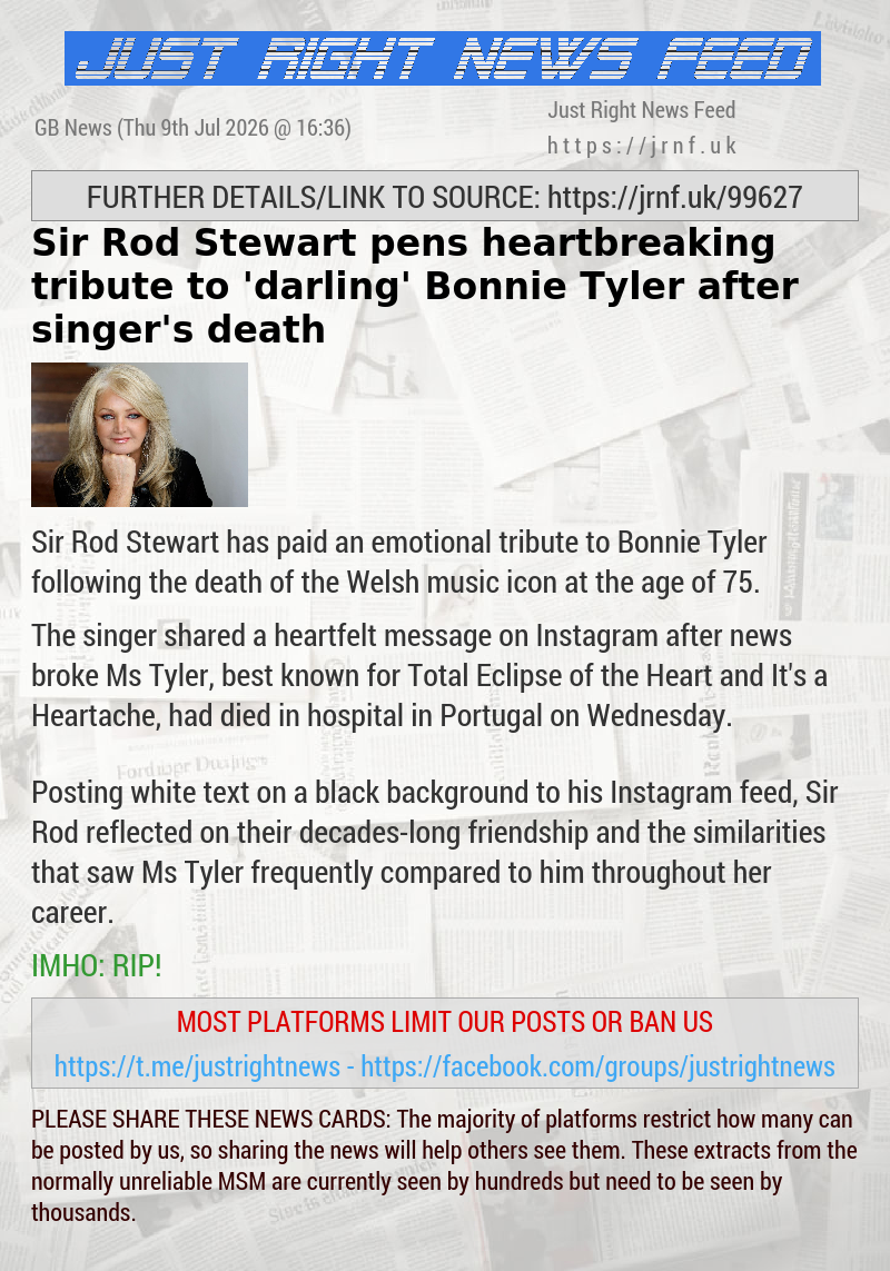 Sir Rod Stewart pens heartbreaking tribute to ’darling’ Bonnie Tyler after singer’s death