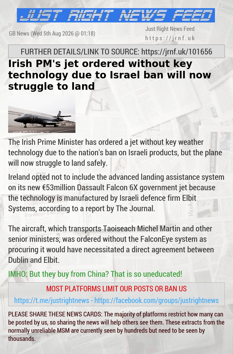 Irish PM’s jet ordered without key technology due to Israel ban will now struggle to land