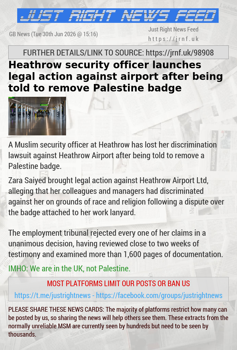 Heathrow security officer launches legal action against airport after being told to remove Palestine badge