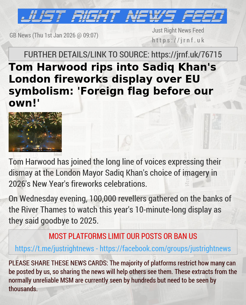 Tom Harwood rips into Sadiq Khan’s London fireworks display over EU symbolism: ’Foreign flag before our own!’