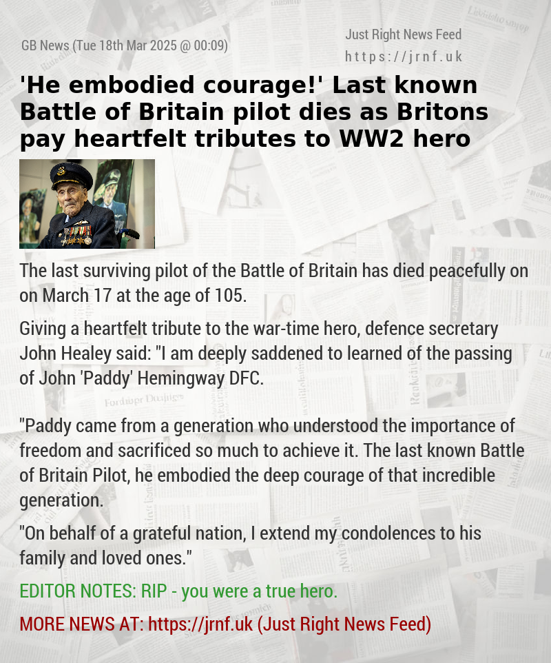 ’He embodied courage!’ Last known Battle of Britain pilot dies as Britons pay heartfelt tributes to WW2 hero