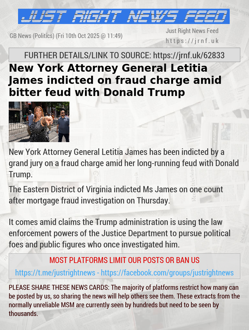 New York Attorney General Letitia James indicted on fraud charge amid bitter feud with Donald Trump