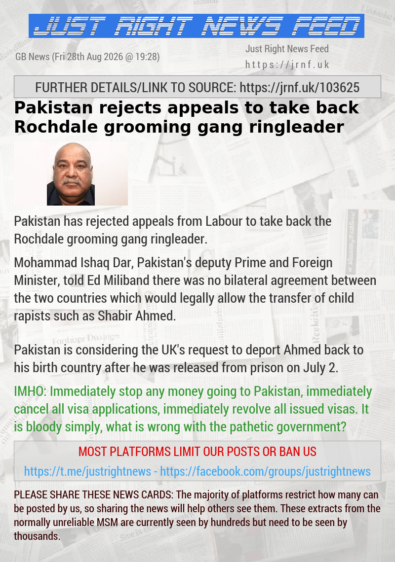 Pakistan rejects appeals to take back Rochdale grooming gang ringleader