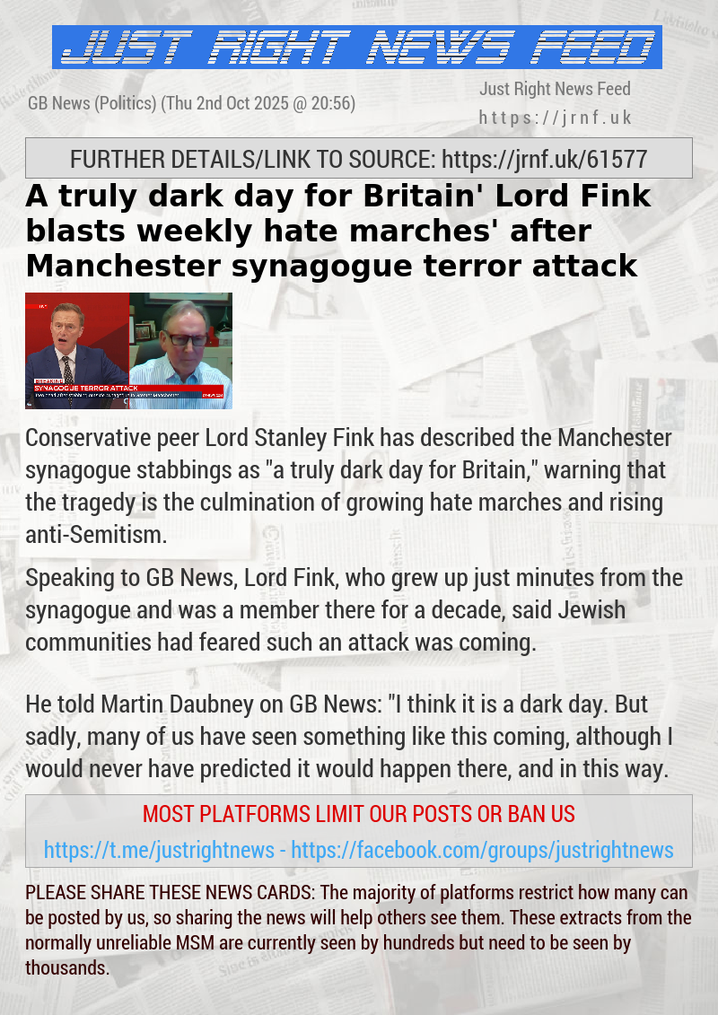 ‘A truly dark day for Britain’ Lord Fink blasts weekly ‘hate marches’ after Manchester synagogue terror attack