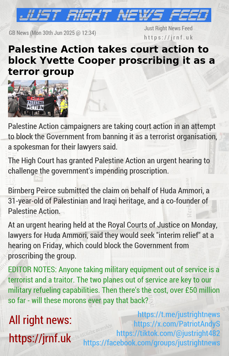 Palestine Action takes court action to block Yvette Cooper proscribing it as a terror group