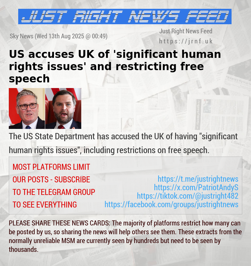 US accuses UK of ’significant human rights issues’ and restricting free speech