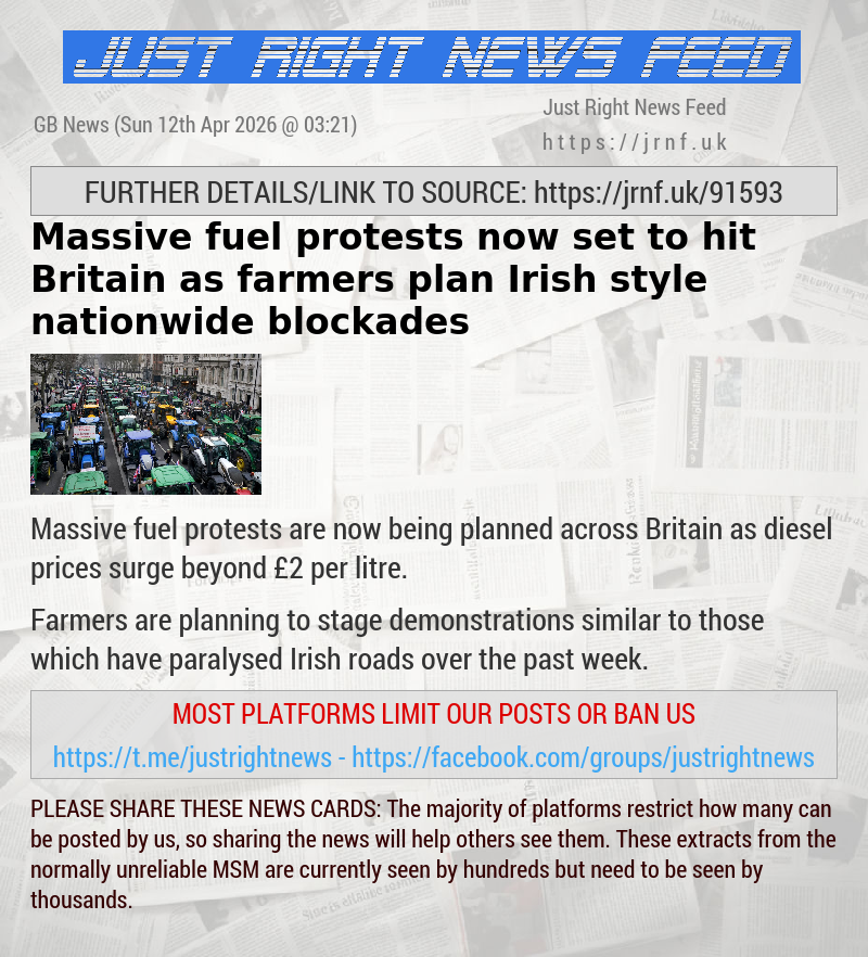 Massive fuel protests now set to hit Britain as farmers plan Irish—style nationwide blockades