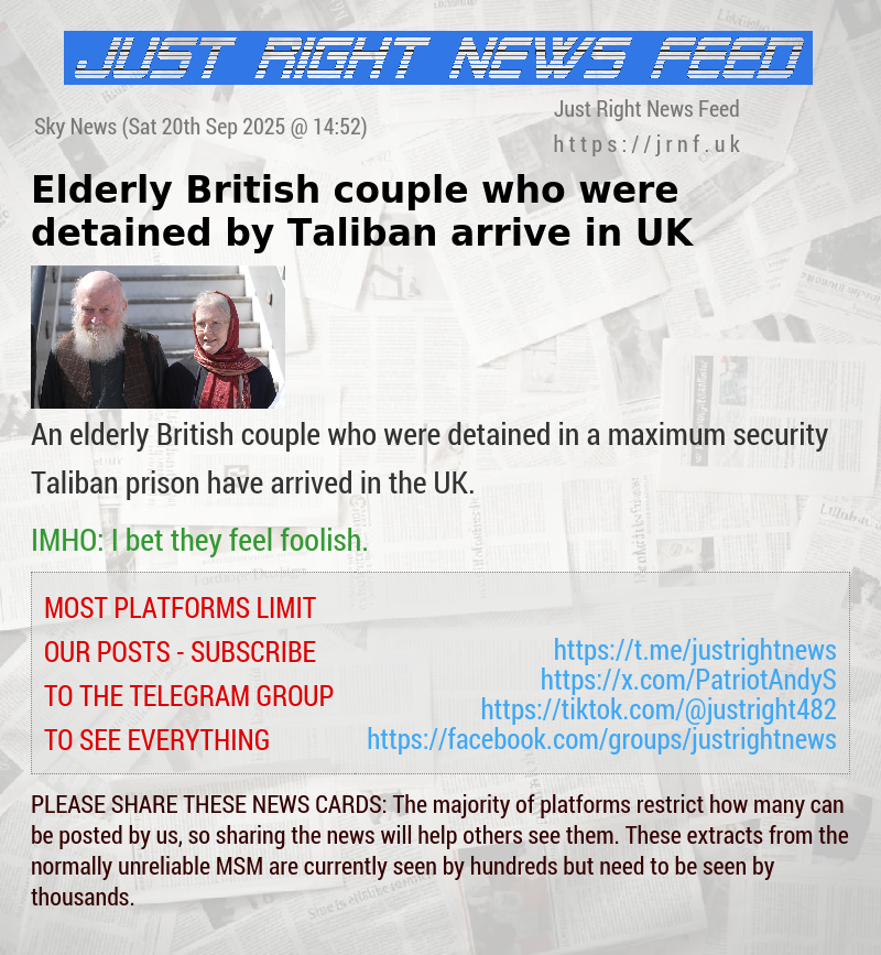 Elderly British couple who were detained by Taliban arrive in UK