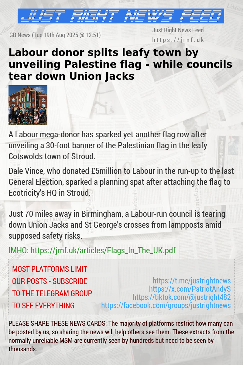 Labour donor splits leafy town by unveiling Palestine flag — while councils tear down Union Jacks