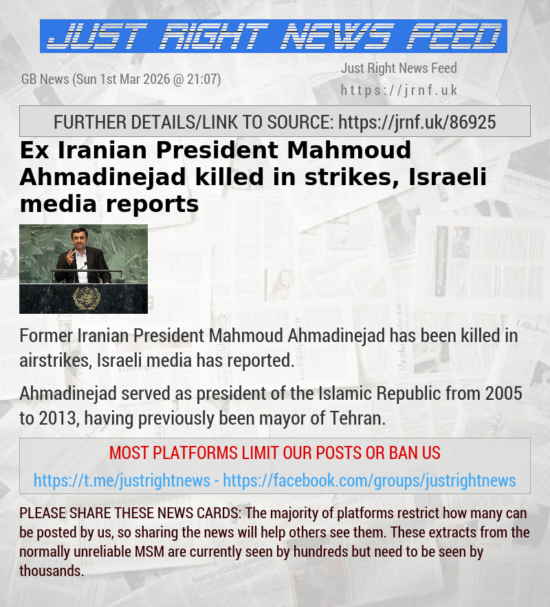 Ex—Iranian President Mahmoud Ahmadinejad killed in strikes, Israeli media reports