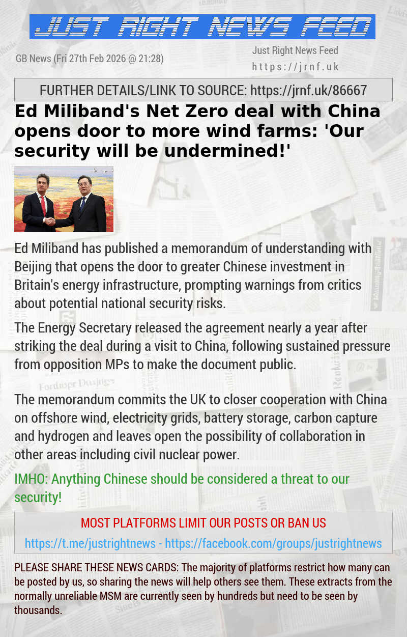 Ed Miliband’s Net Zero deal with China opens door to more wind farms: ‘Our security will be undermined!’
