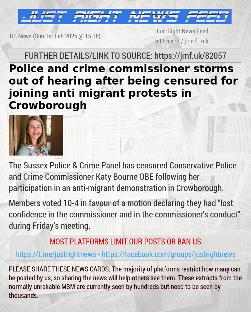 Police and crime commissioner storms out of hearing after being censured for joining anti—migrant protests in Crowborough
