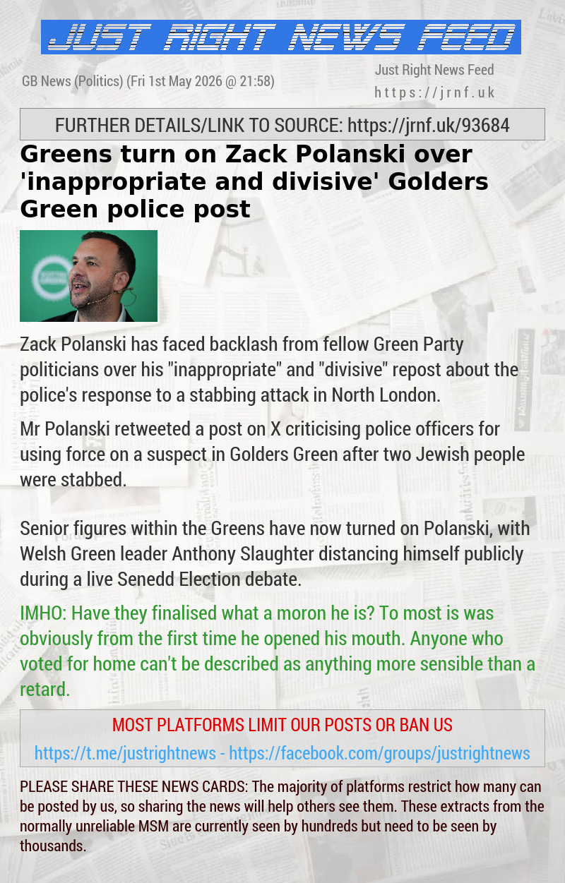 Greens turn on Zack Polanski over ’inappropriate and divisive’ Golders Green police post
