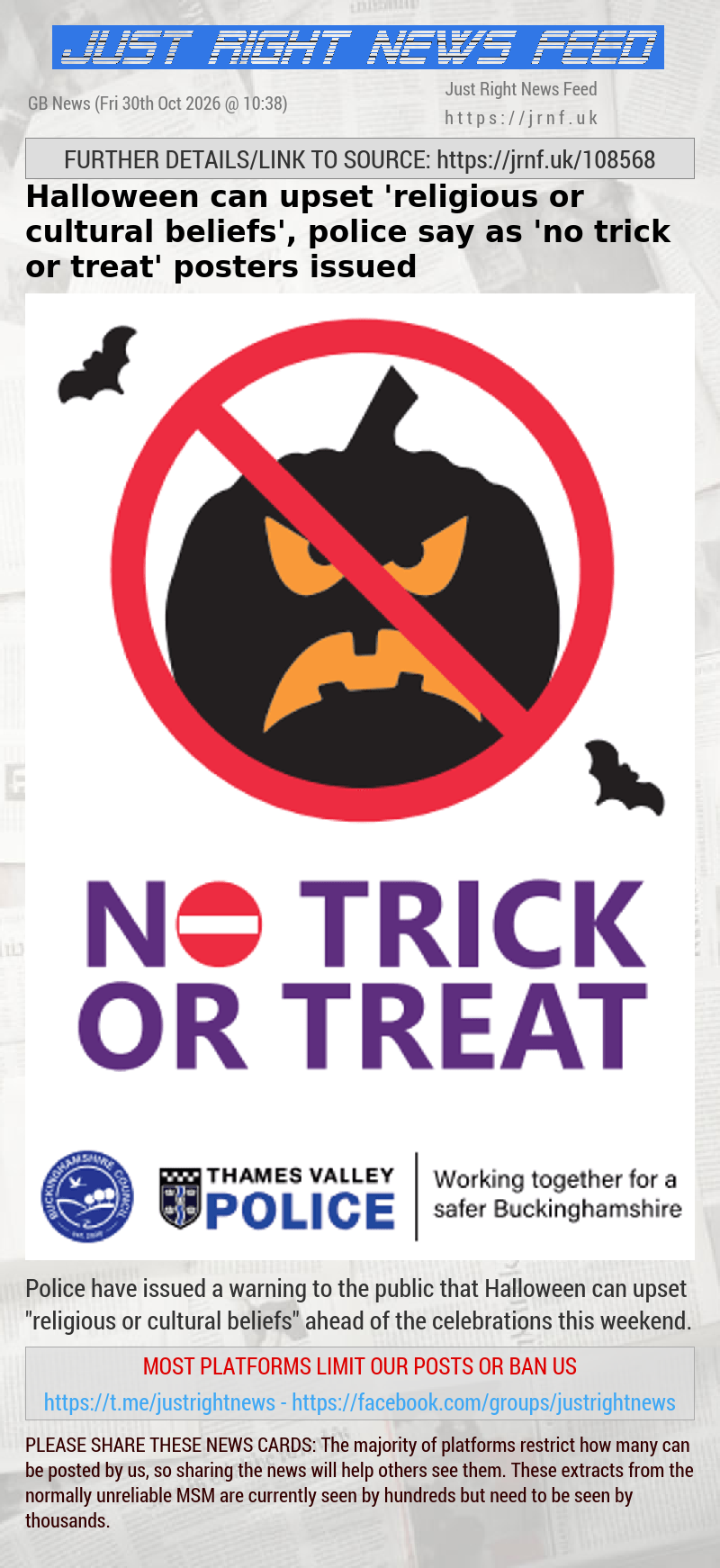 Halloween can upset ’religious or cultural beliefs’, police say as ’no trick or treat’ posters issued