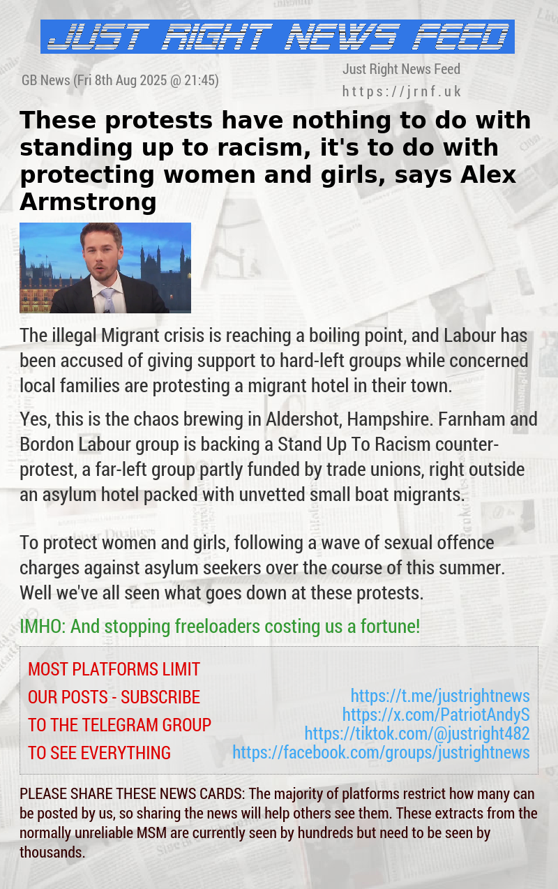 These protests have nothing to do with standing up to racism, it’s to do with protecting women and girls, says Alex Armstrong