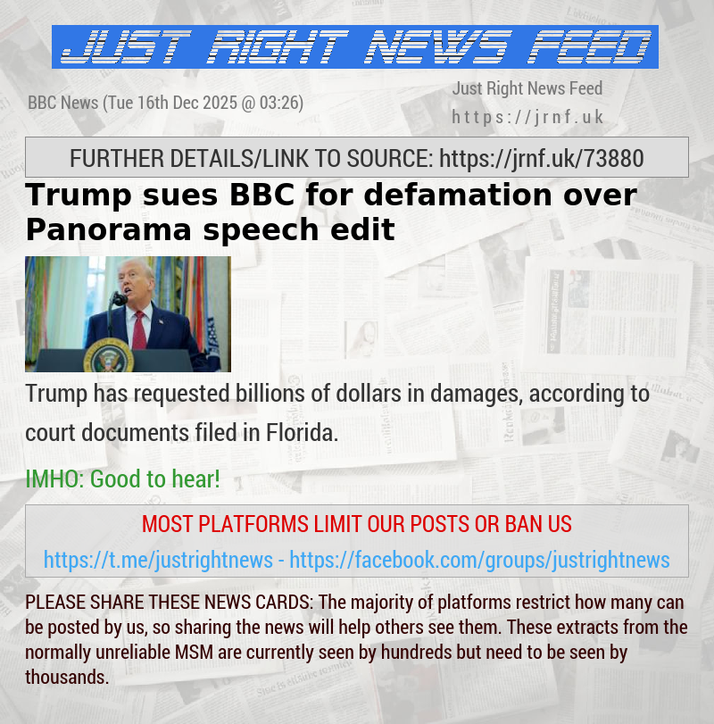 Trump sues BBC for defamation over Panorama speech edit