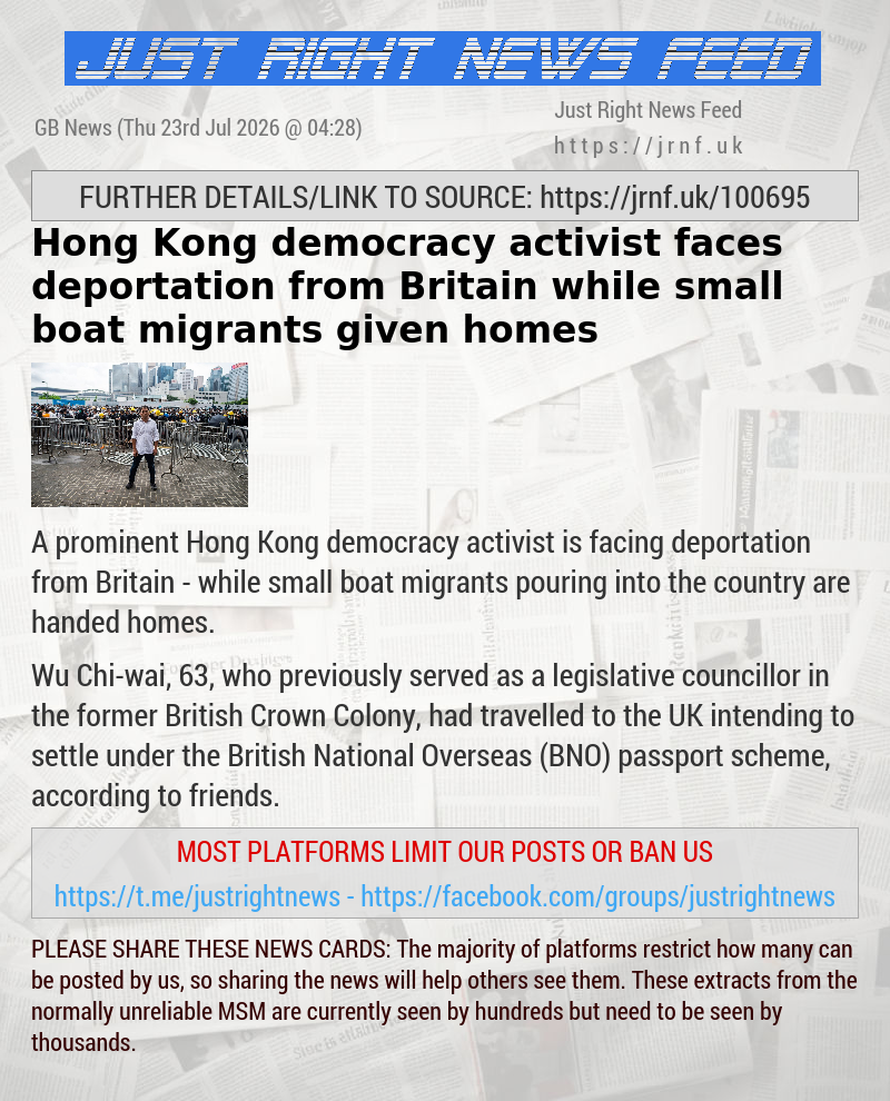 Hong Kong democracy activist faces deportation from Britain while small boat migrants given homes