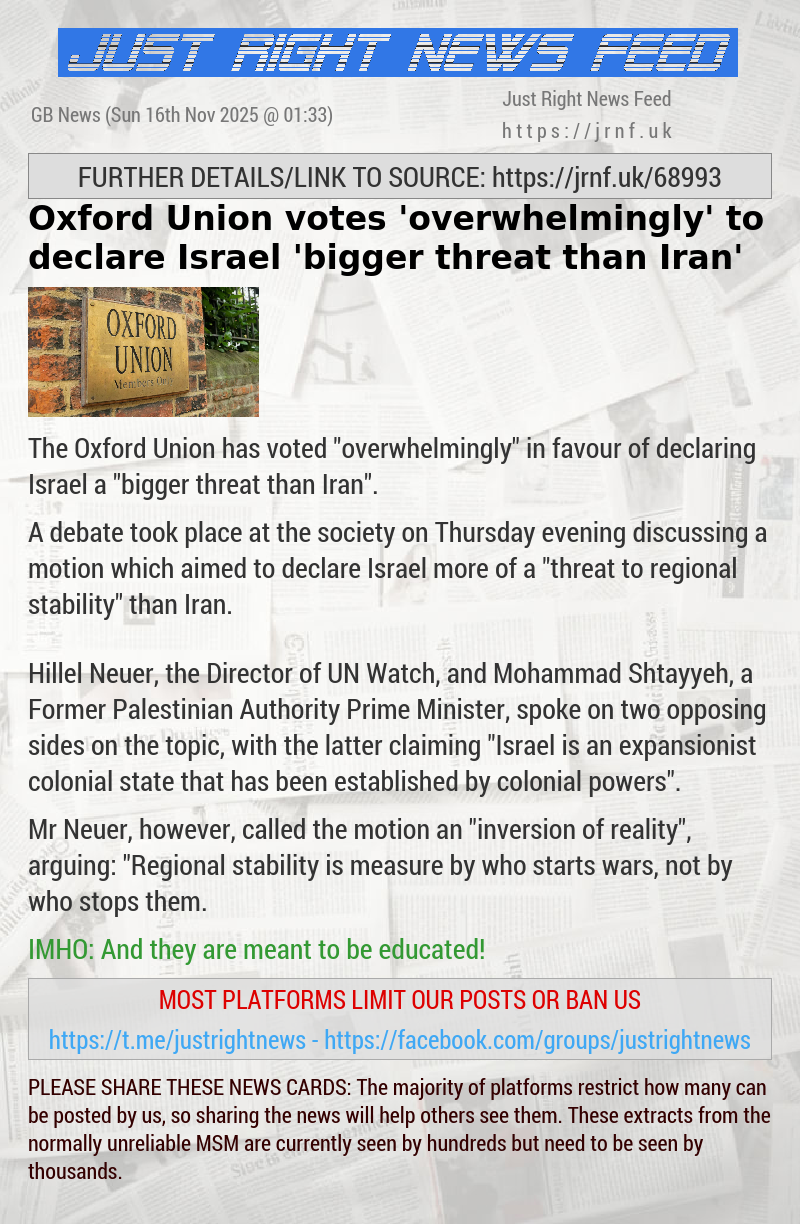 Oxford Union votes ’overwhelmingly’ to declare Israel ’bigger threat than Iran’