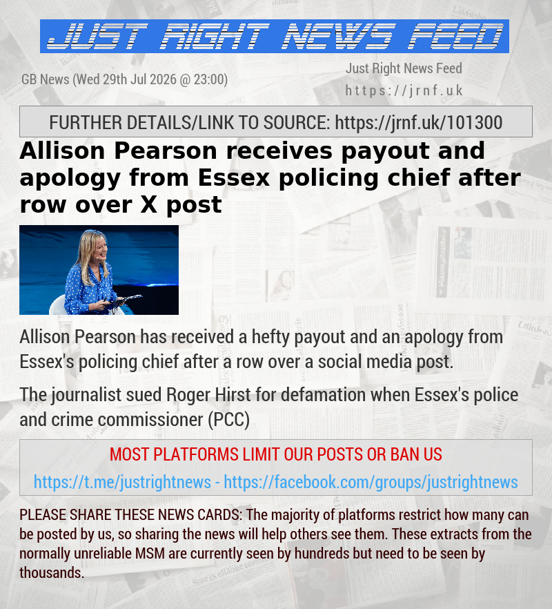 Allison Pearson receives payout and apology from Essex policing chief after row over X post