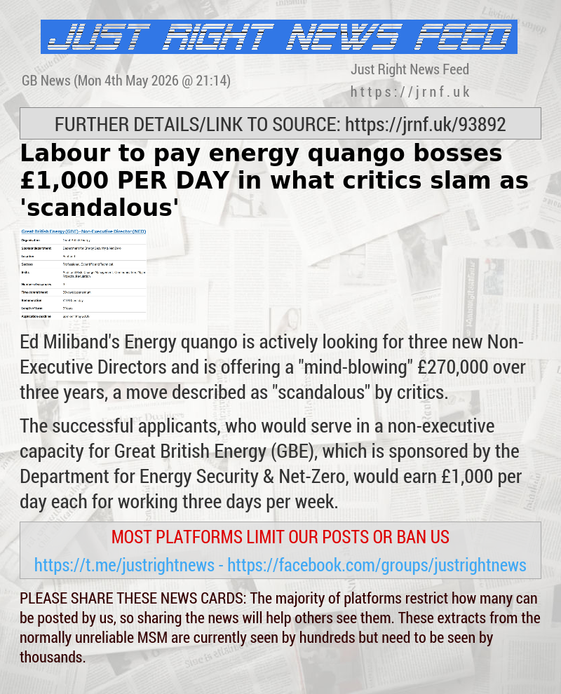 Labour to pay energy quango bosses &pound;1,000 PER DAY in what critics slam as ’scandalous’