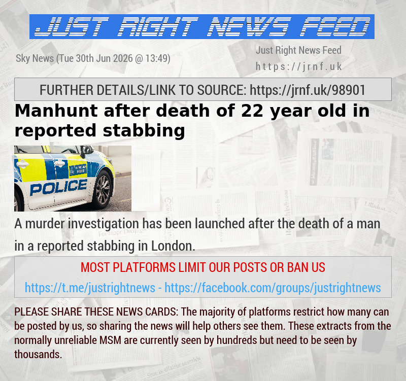 Manhunt after death of 22—year—old in reported stabbing