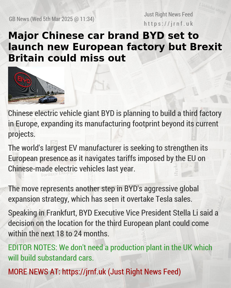 Major Chinese car brand BYD set to launch new European factory but Brexit Britain could miss out