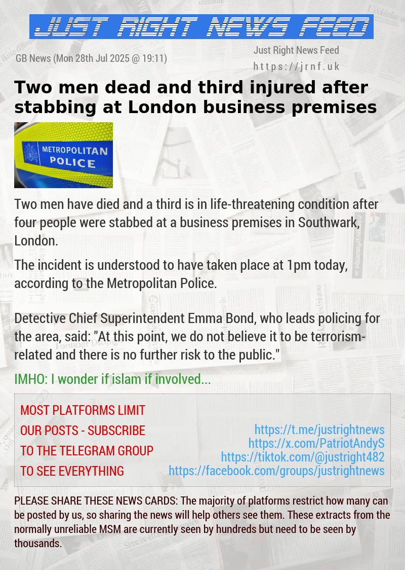 Two men dead and third injured after stabbing at London business premises