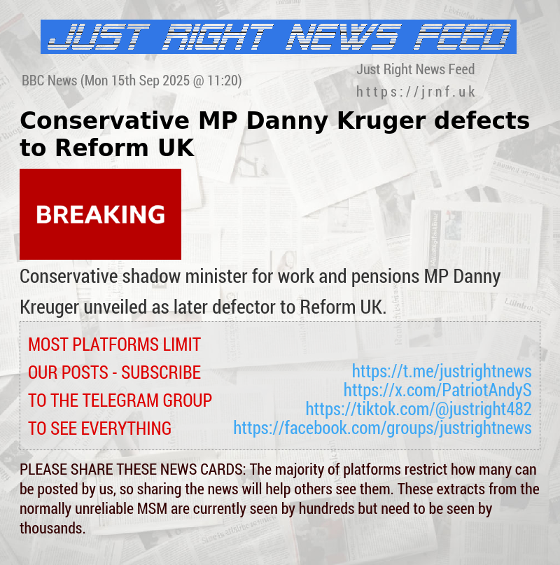 Conservative MP Danny Kruger defects to Reform UK