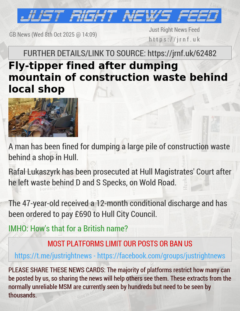Fly—tipper fined after dumping mountain of construction waste behind local shop