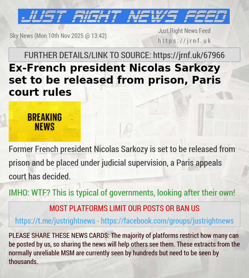 Ex—French president Nicolas Sarkozy set to be released from prison, Paris court rules