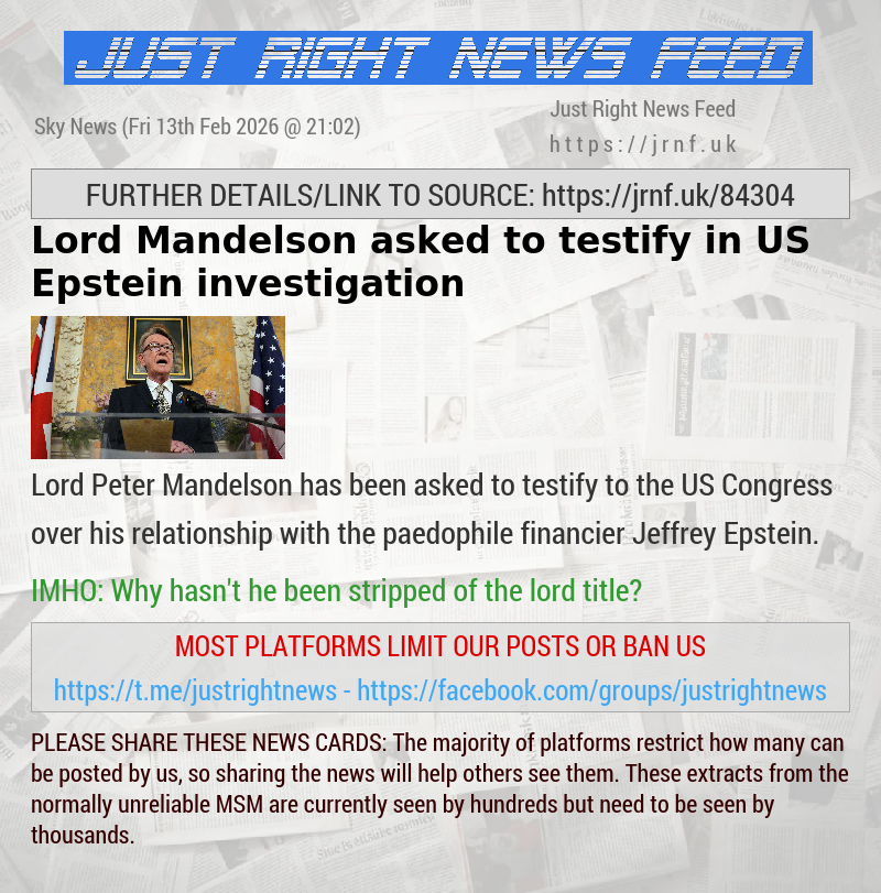 Lord Mandelson asked to testify in US Epstein investigation